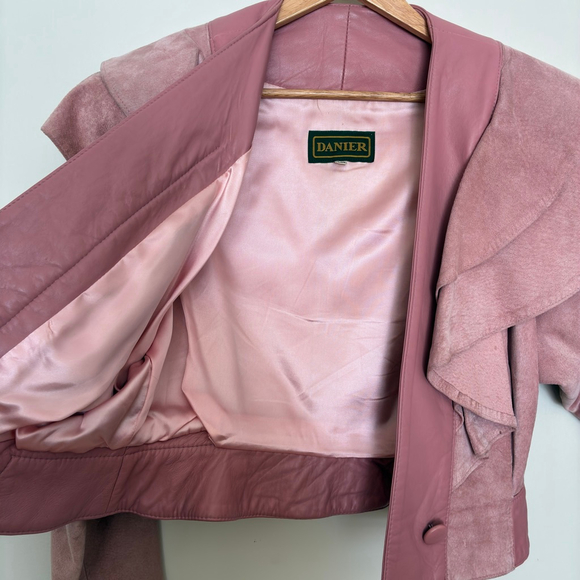 Vintage 80s Danier Pink Suede & Leather Cropped Jacket | Ruffle Collar Statement - Picture 7 of 12